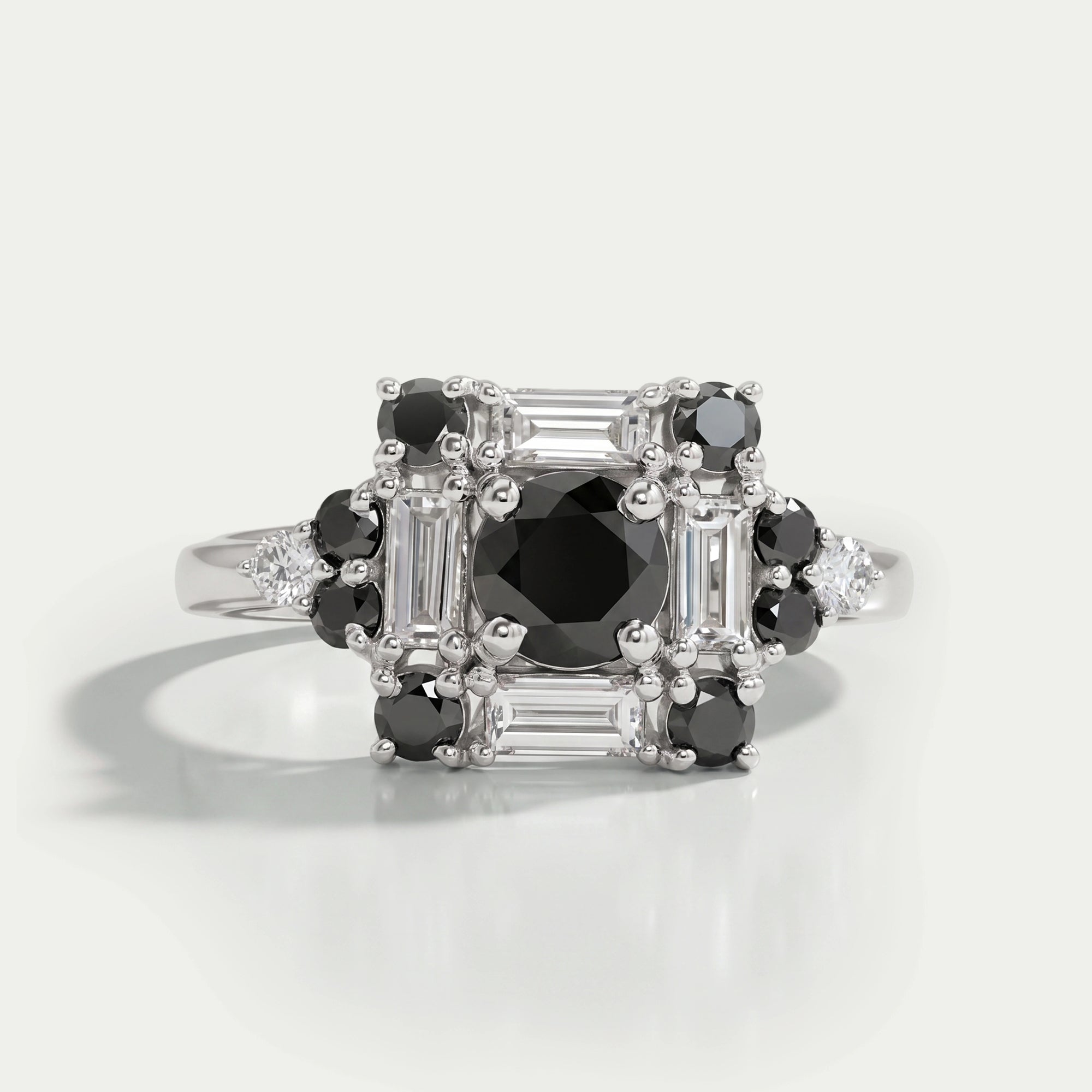Black Round Cut Halo Baguette Diamond Ring Rings