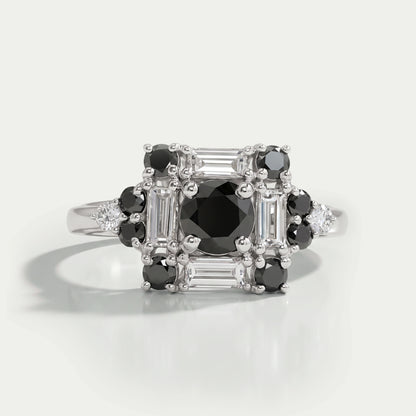 Black Round Cut Halo Baguette Diamond Ring Rings