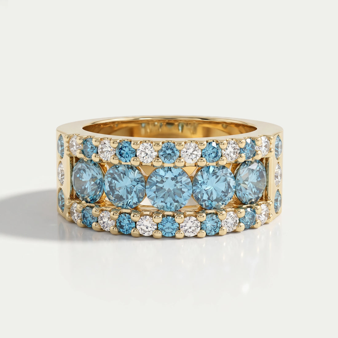 Blue And White Round Cut Lab Diamond Wide Band Rings