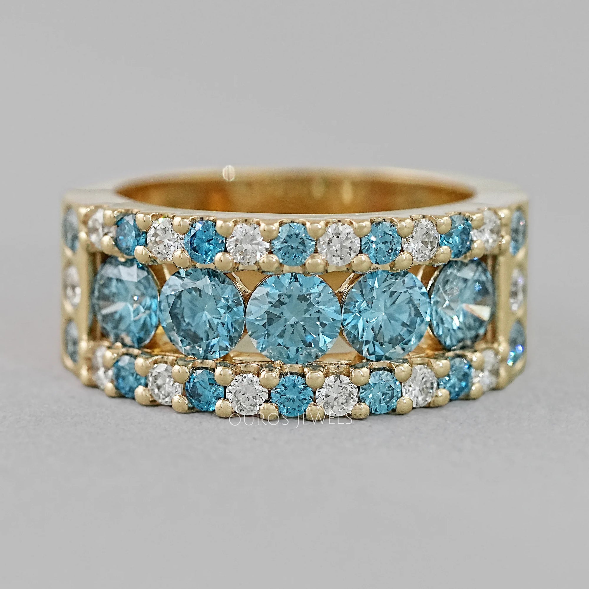 Blue And White Round Cut Lab Diamond Wide Band Rings