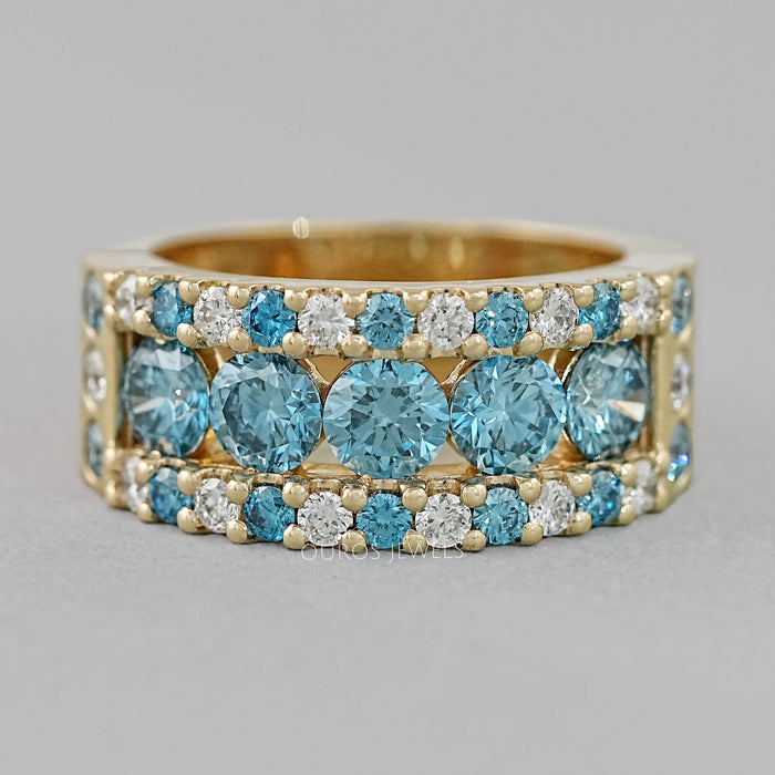 Blue And White Round Cut Lab Diamond Wide Band