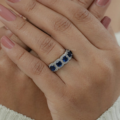 Five Stone Blue Asscher Cut Gemstone Halo Diamond Ring Rings