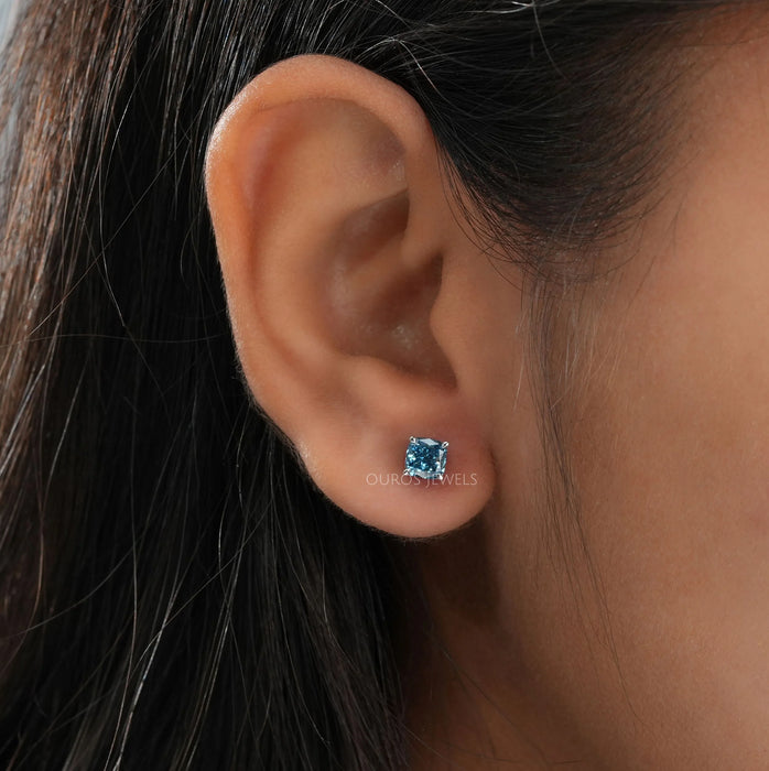 Blue Cushion Cut Lab Diamond Stud Earrings