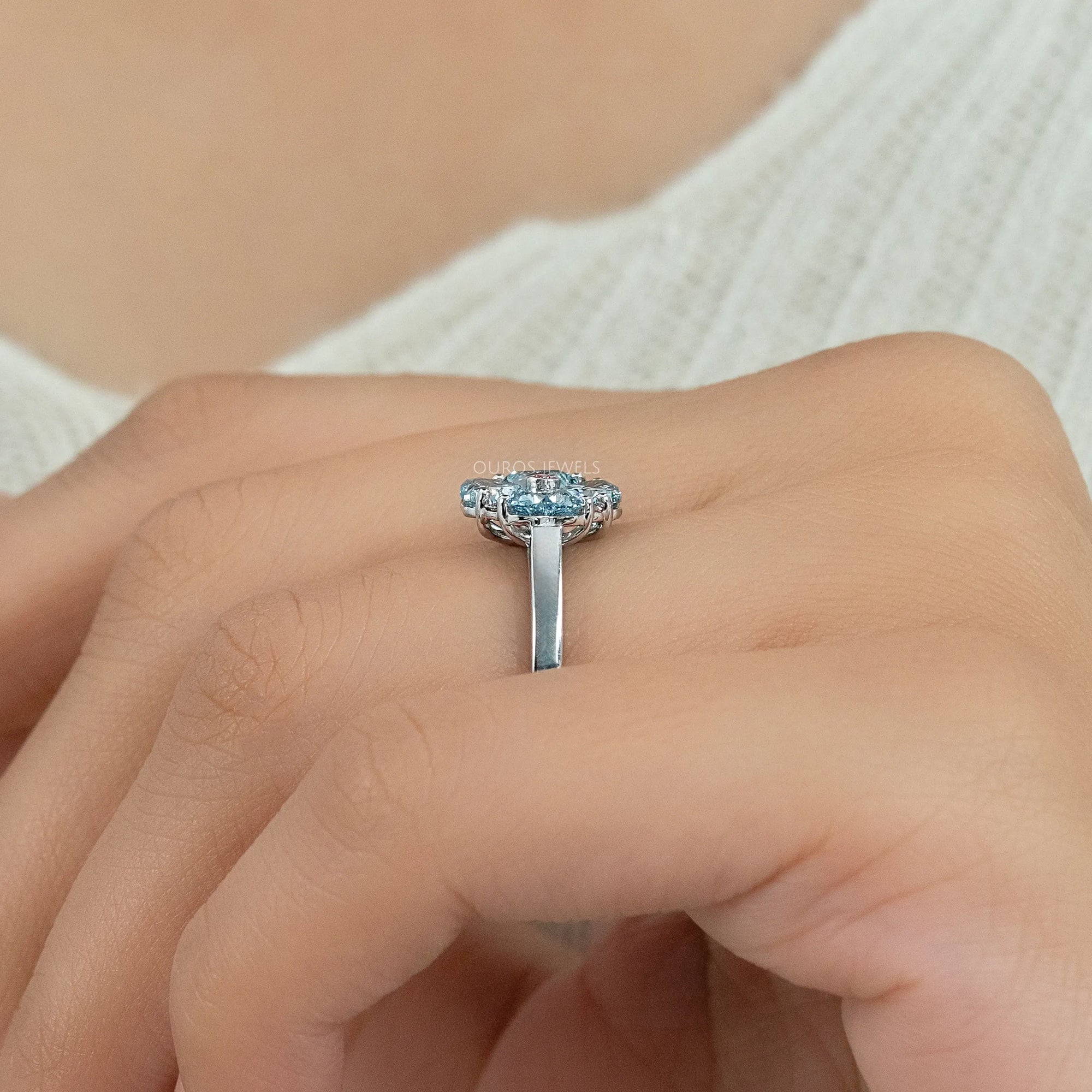 Blue Heart Cut Lab Diamond Flower Ring Ring