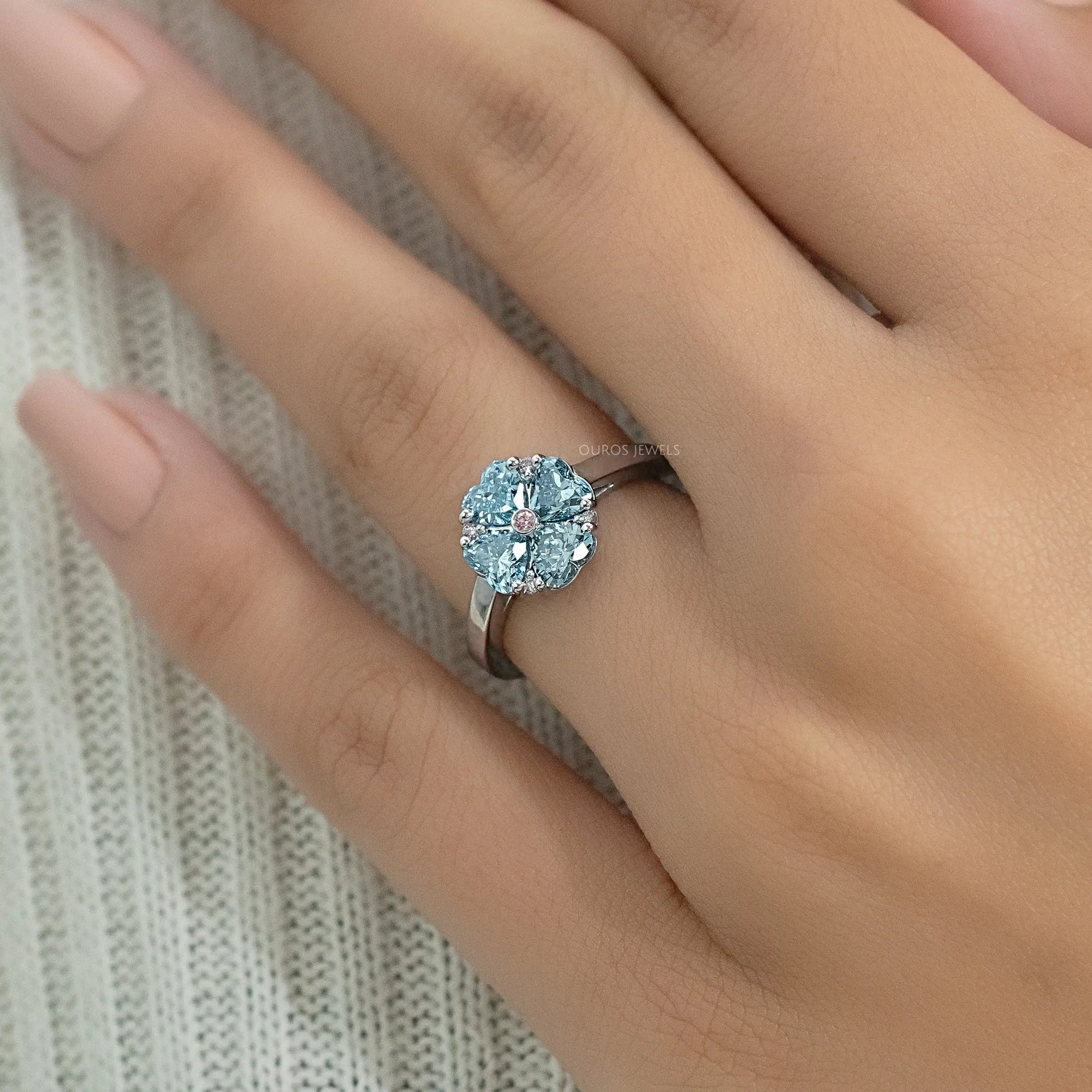 Blue Heart Cut Lab Diamond Flower Ring Ring