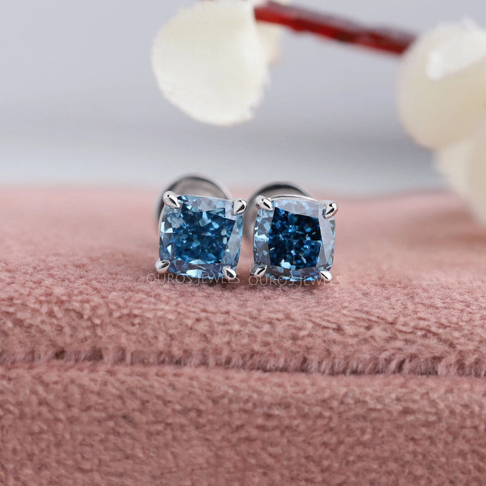 Blue Cushion Cut Lab Diamond Stud Earrings