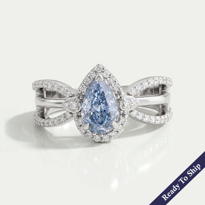 Blue Pear Cut Halo Accent Diamond Engagement Ring