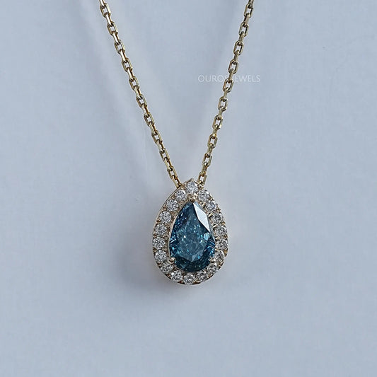 Blue Pear Lab Diamond Halo Pendant Necklaces