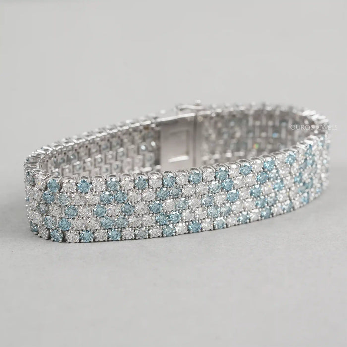 Fancy Blue Round Cut Lab  Diamond Wide Bracelet