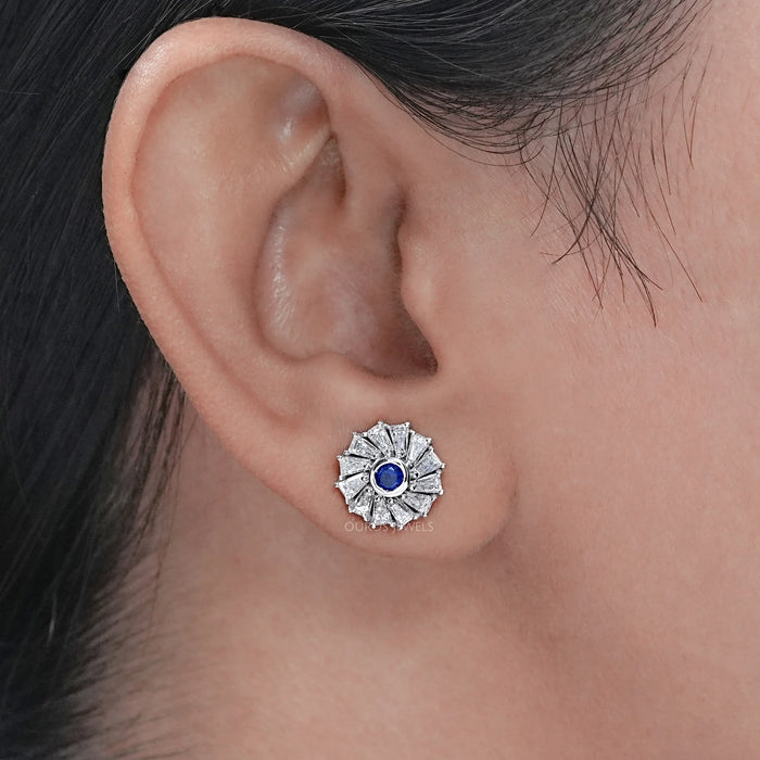 Tapered Baguette Blue Gemstone Stud Earring