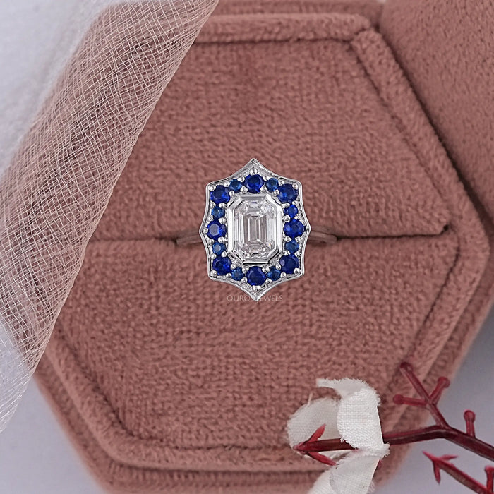 Bezel Set Old Mine Emerald Diamond Halo Gemstone Ring