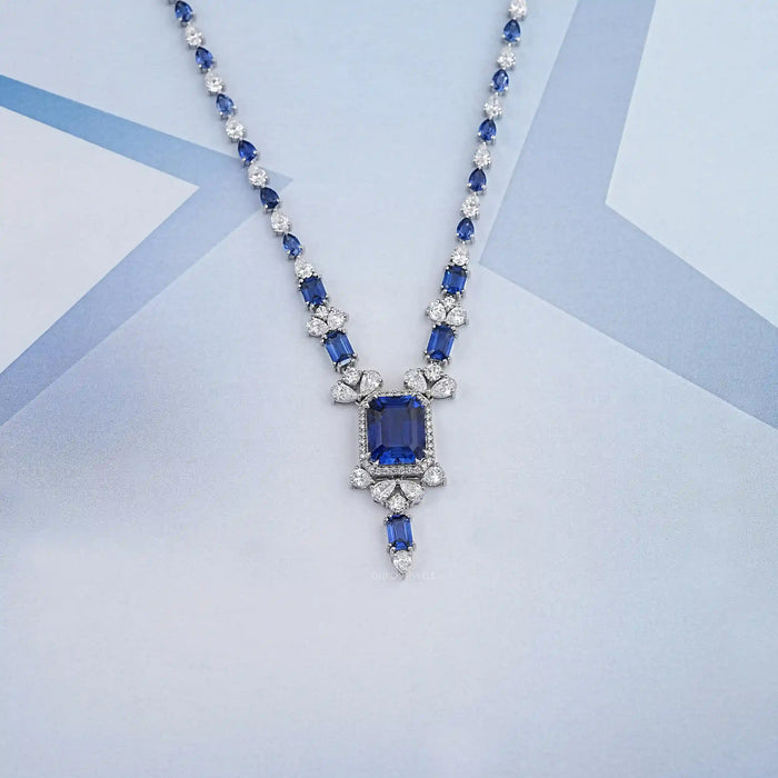 Sapphire Emerald Cut And Diamond Necklace