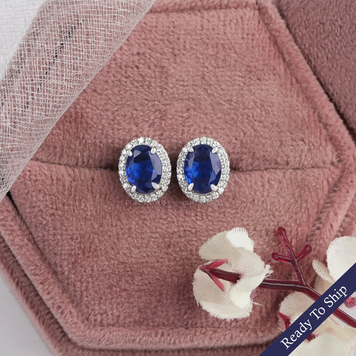 blue sapphire oval cut halo gemstone stud earrings