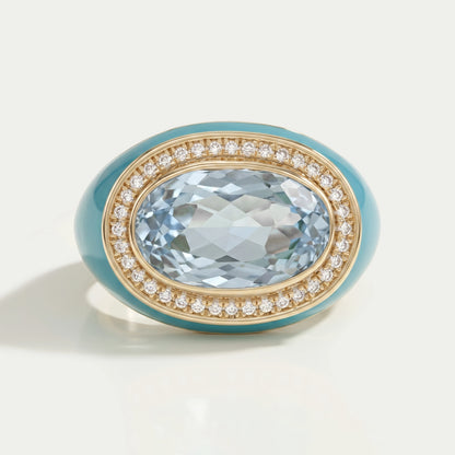 Blue Topaz East West Oval With Enamel Cocktail Ring Rings