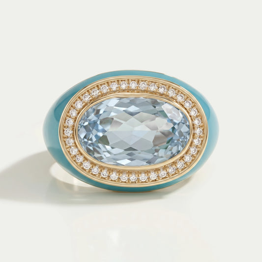 Blue Topaz East West Oval With Enamel Cocktail Ring Rings