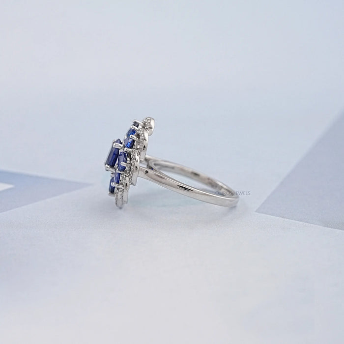 Blue Sapphire and Diamond Floral Halo Ring