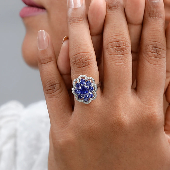 Blue Sapphire and Diamond Floral Halo Ring