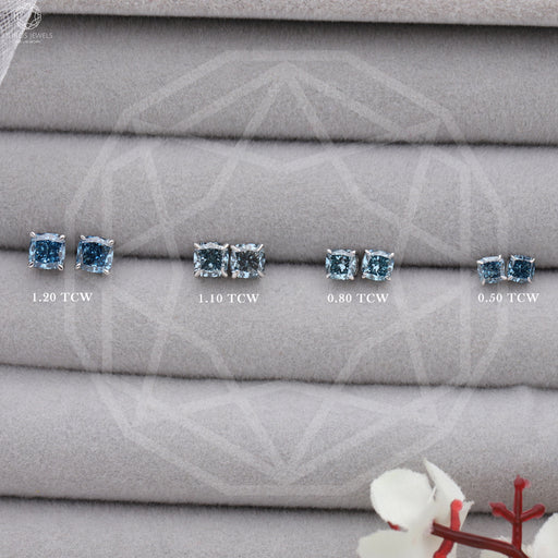 Blue Cushion Lab Diamond Stud Earrings in various sizes (1.20 TCW, 1.10 TCW, 0.80 TCW, 0.50 TCW)