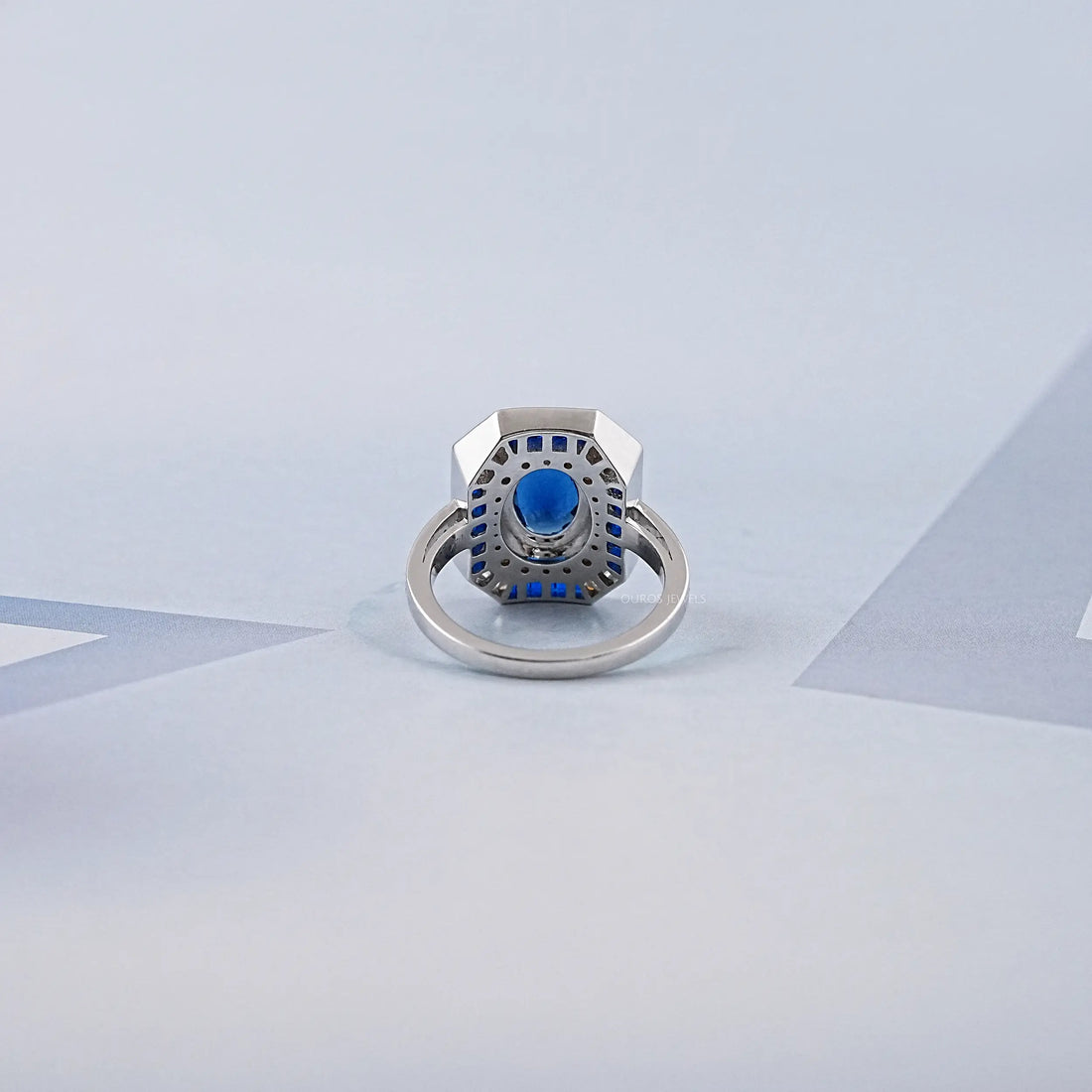 Blue Oval And Baguette Cut GemStone Engagement Ring