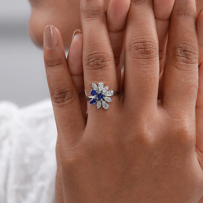 Blue Sapphire Oval Cut Gemstone Cluster Ring