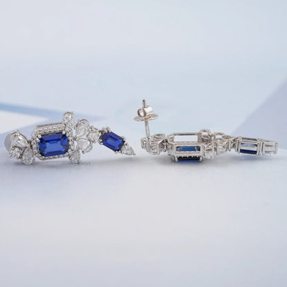 Sapphire Emerald Gemstone And Lab Diamond Drop Earrings