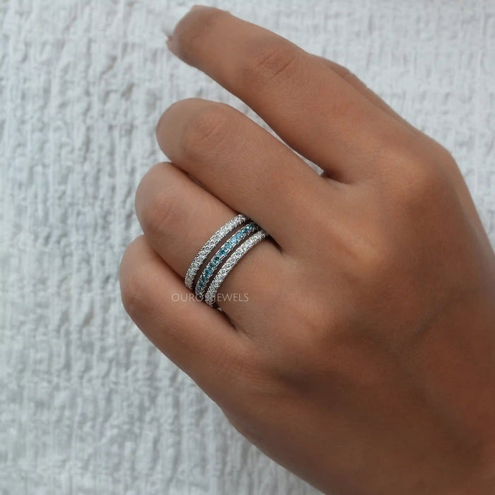 [A Women wearing Blue Round Lab Grown Diamond Ring]-[Ouros Jewels]