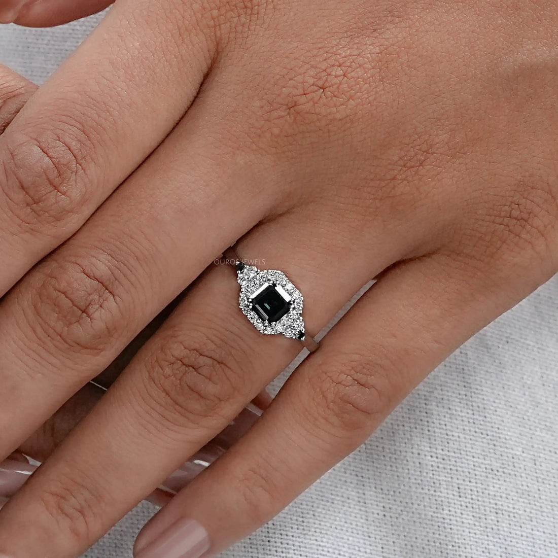 Asscher Cut Black Diamond Halo Ring Ring