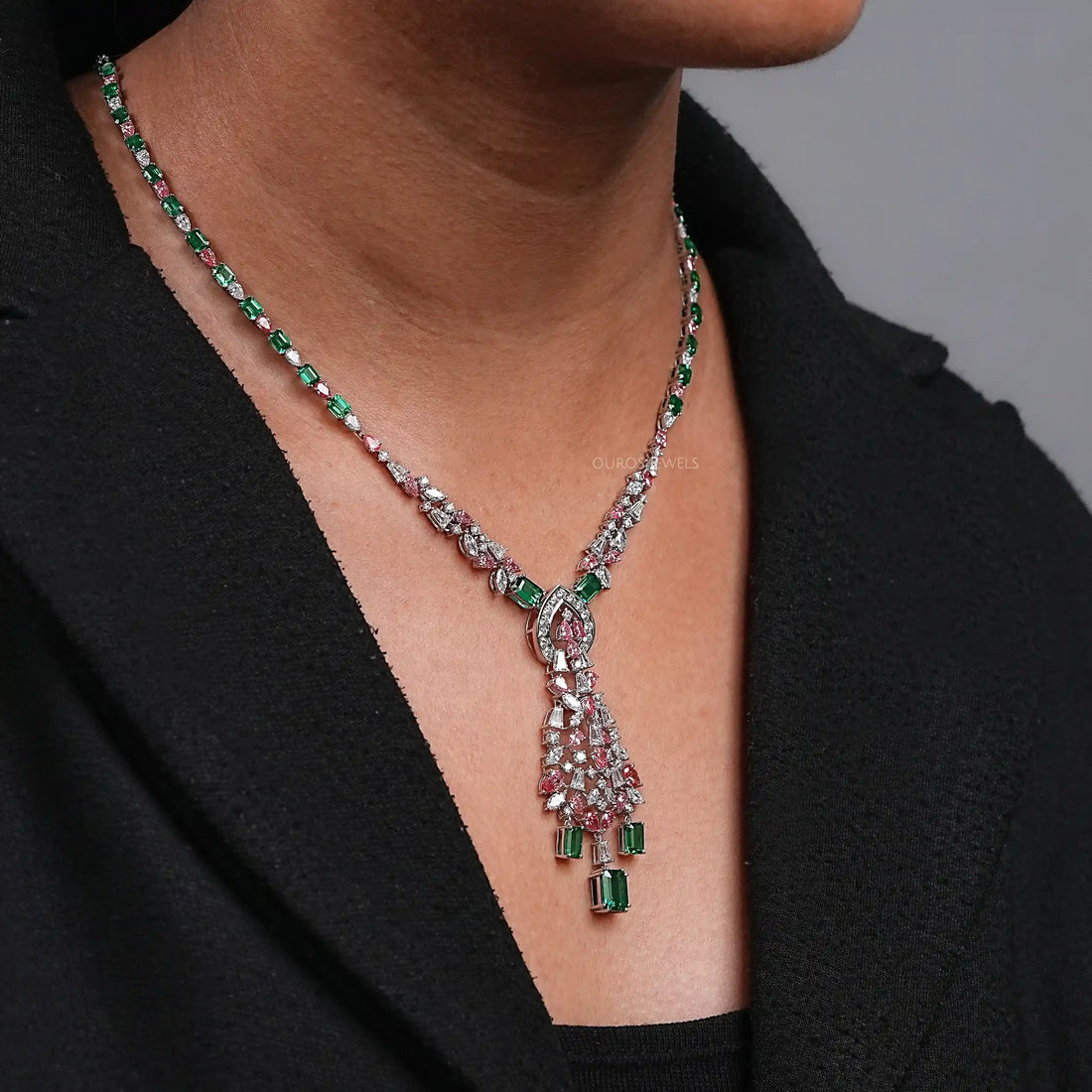 Green Emerald & Pink Pear Diamond Wedding Necklace