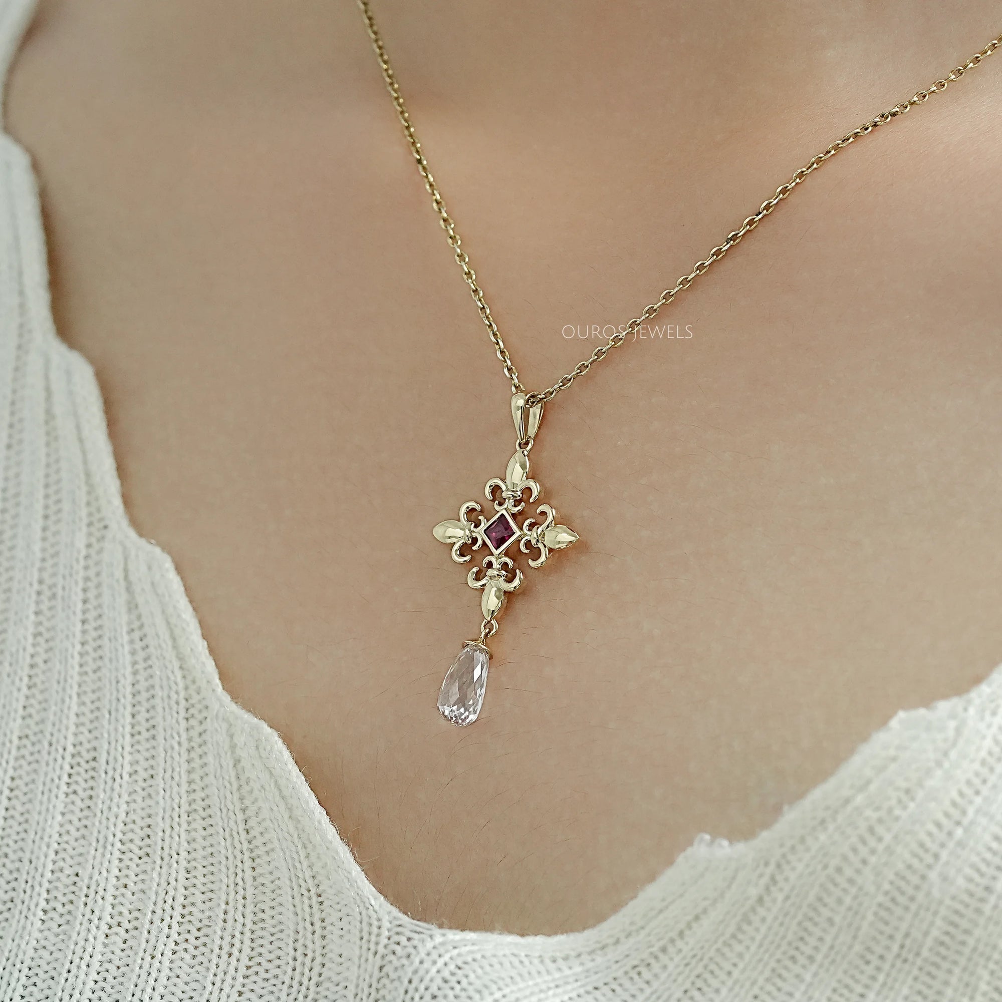 Princess Ruby Gemstone Fleur De Lis Pendant Necklaces