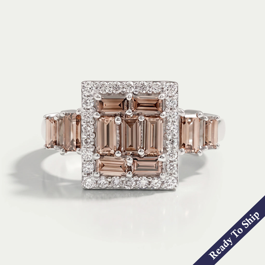 Fancy Brown Baguette Cut Lab Diamond Cluster Set Halo Ring Ring