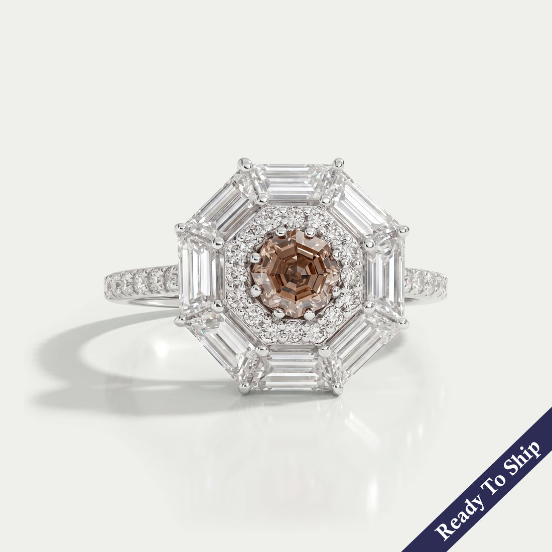Fancy Brown Octagon Cut Lab Diamond Double Halo Ring Ring