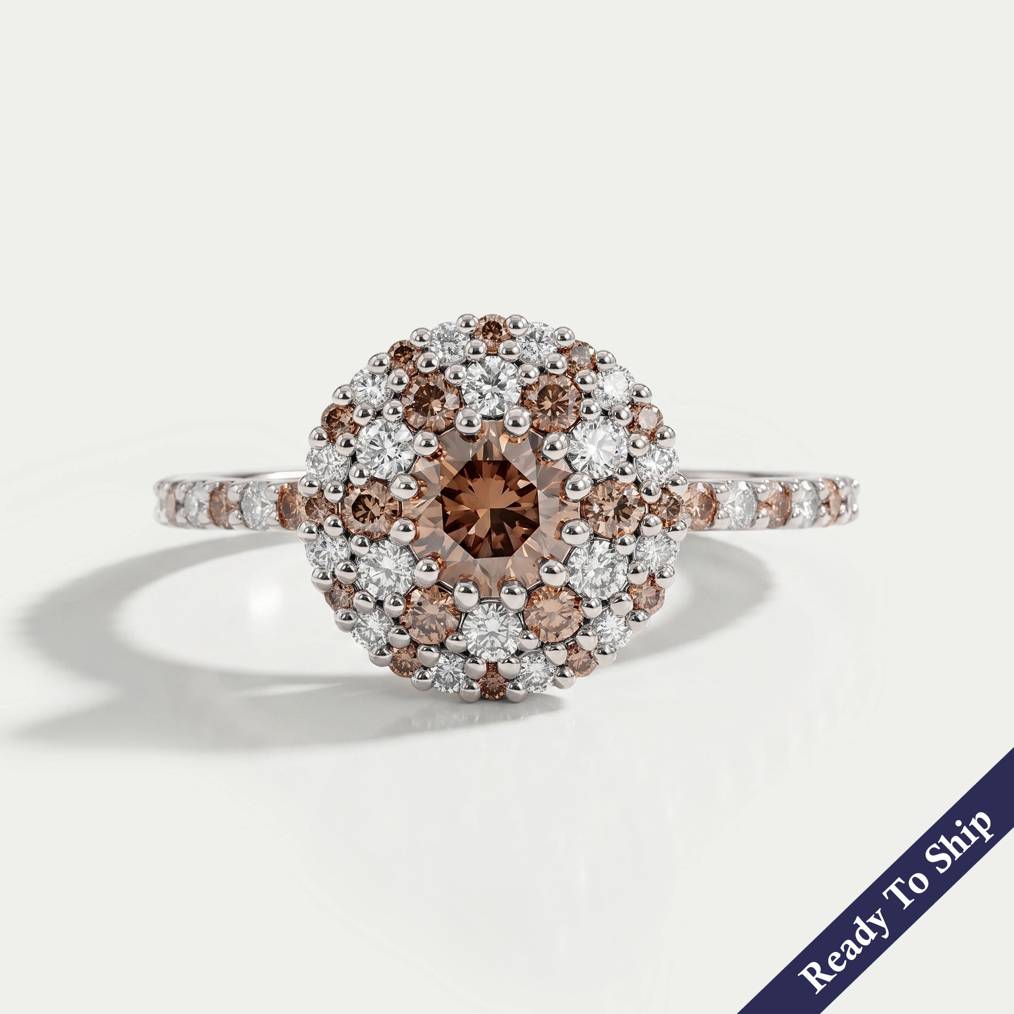 Fancy Round Brown Diamond Double Halo Accent Set Ring Ring
