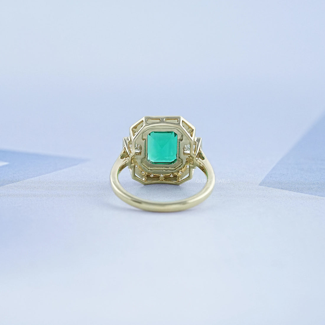 Three Stone Emerald Gemstone Halo Ring Ring