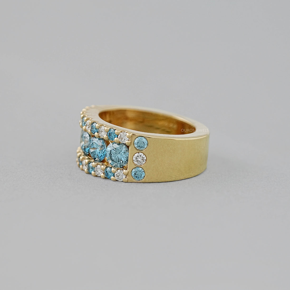 Blue And White Round Cut Lab Diamond Wide Band Rings