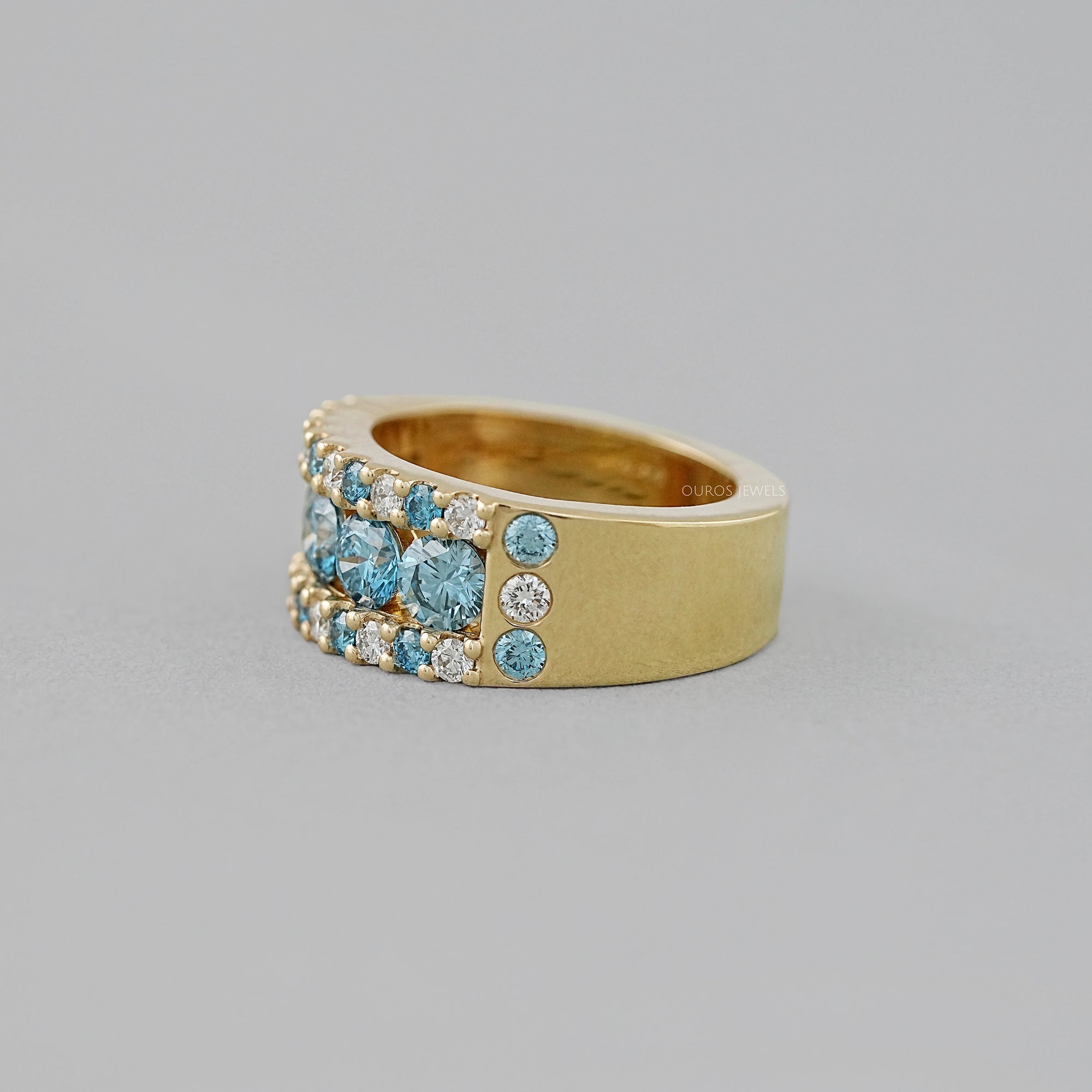 Blue And White Round Cut Lab Diamond Wide Band Rings
