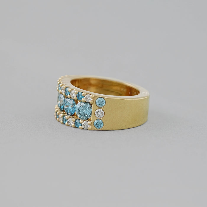 Blue And White Round Cut Lab Diamond Wide Band