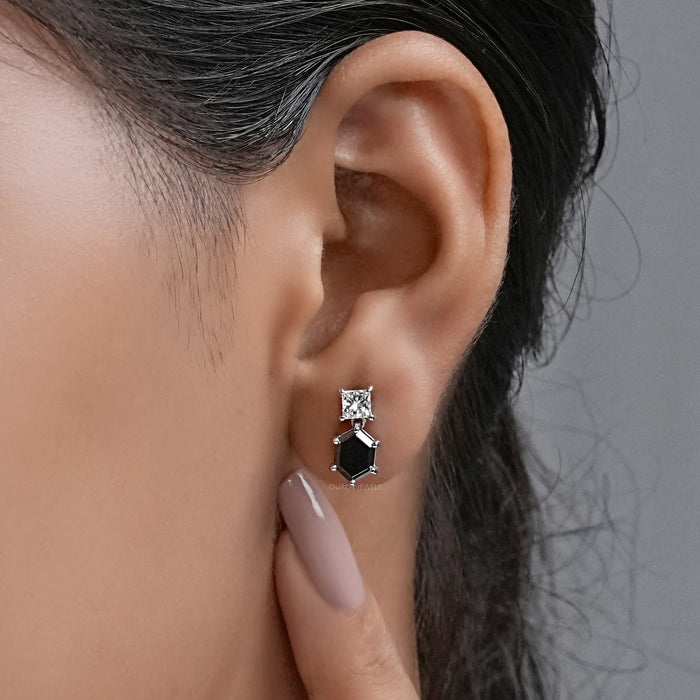 Hexagon Black Diamond Dangle Earrings