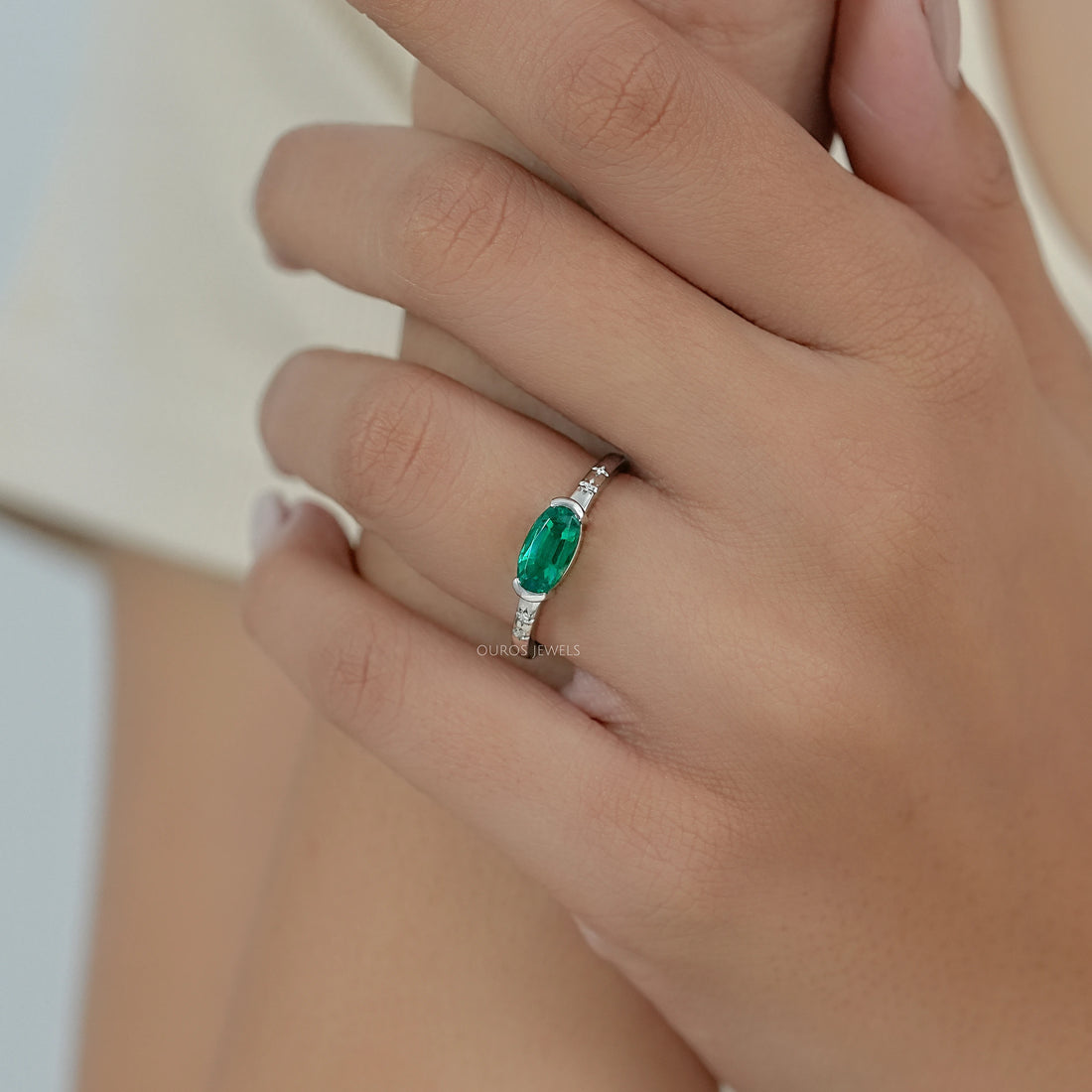 Green East West Oval Gemstone Accent Engagement Ring Ring
