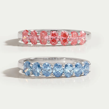 Pink and Blue Oval Seven Diamond Wedding Bands Ring