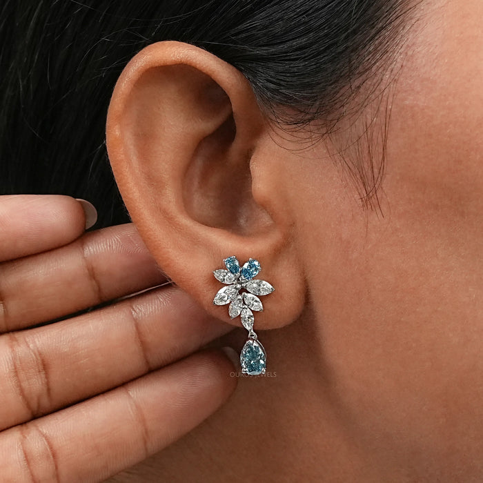 Blue Pear Diamond Cluster Drop Earrings