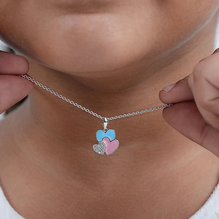 Colorful Triple Heart Tiny Round Diamond Pendant For Kids