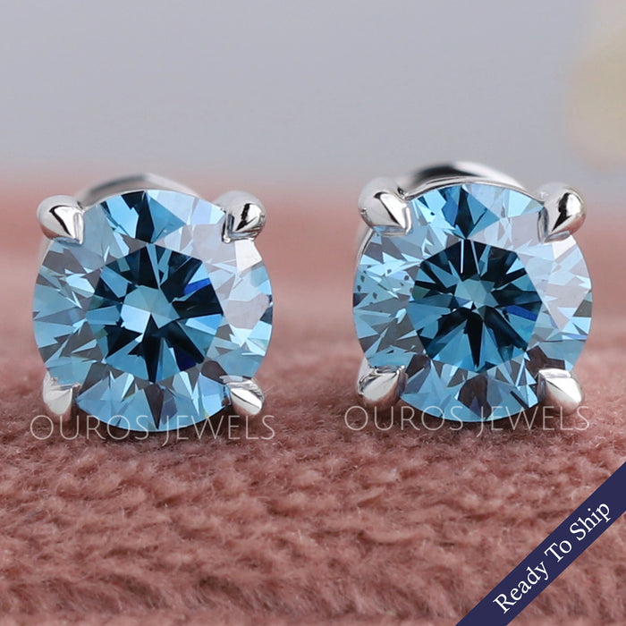 Blue Round Diamond Solitaire Stud Earrings