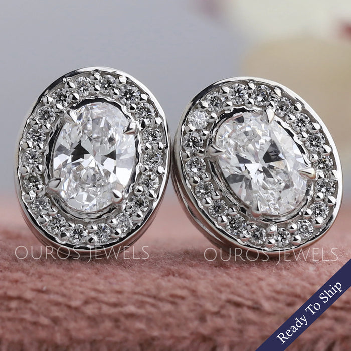 Oval Cut Halo Diamond Stud Earrings
