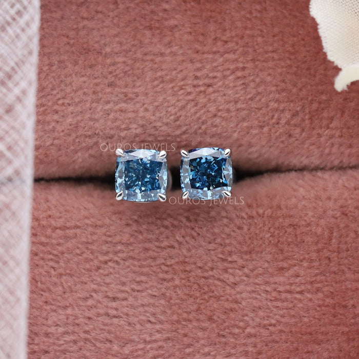 Blue Cushion Cut Lab Diamond Stud Earrings