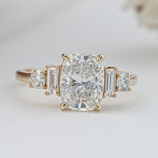 Elongated Cushion And Baguette Diamond Five Stone Engagement Ring Rings