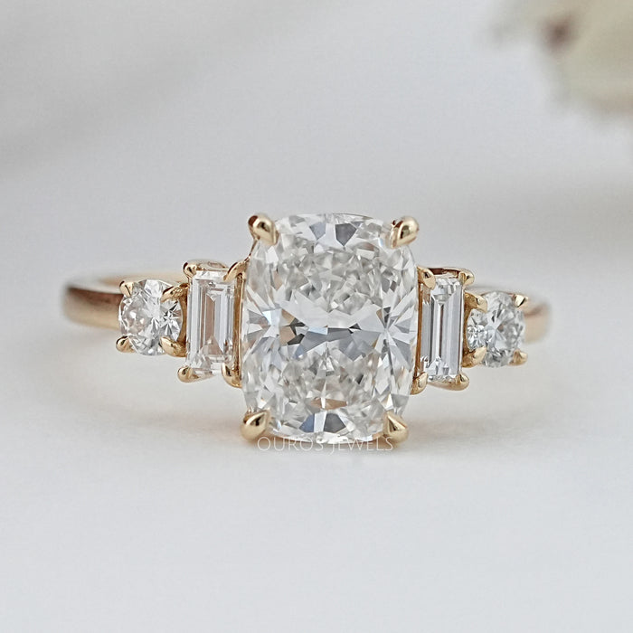 front view of elongated cushion and baguette cut diamond five stone wedding ring