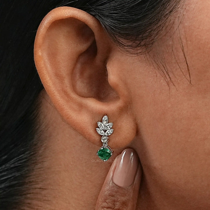 Green Gemstone Cushion And  Marquise  Drop  Earrings