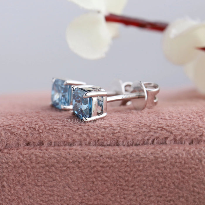 Blue Cushion Cut Lab Diamond Stud Earrings