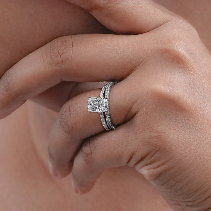 Elongated Cushion Cut Diamond Bridal Wedding Ring Set