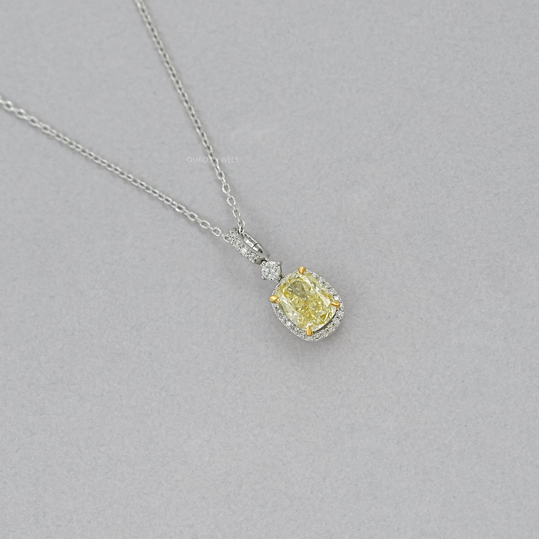 Fancy Intense Yellow Cushion Diamond Halo Pendant Necklaces